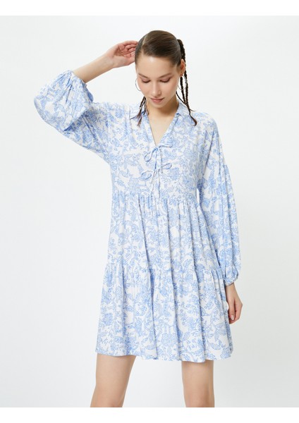 Oversize Çiçekli Elbise Uzun Kollu Gömlek V Yaka Bağlama Detaylı Katlı