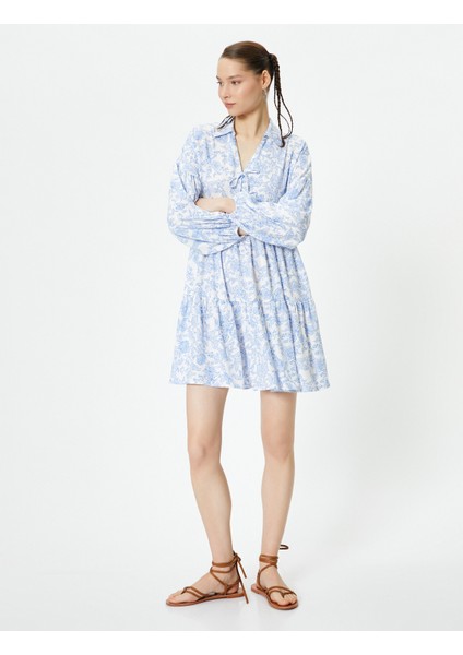 Oversize Çiçekli Elbise Uzun Kollu Gömlek V Yaka Bağlama Detaylı Katlı fiyatları