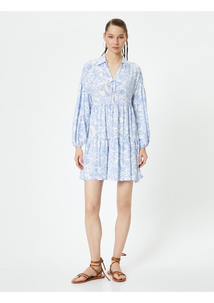 Oversize Çiçekli Elbise Uzun Kollu Gömlek V Yaka Bağlama Detaylı Katlı modelleri