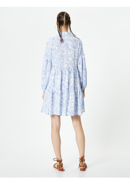 Oversize Çiçekli Elbise Uzun Kollu Gömlek V Yaka Bağlama Detaylı Katlı fırsatları