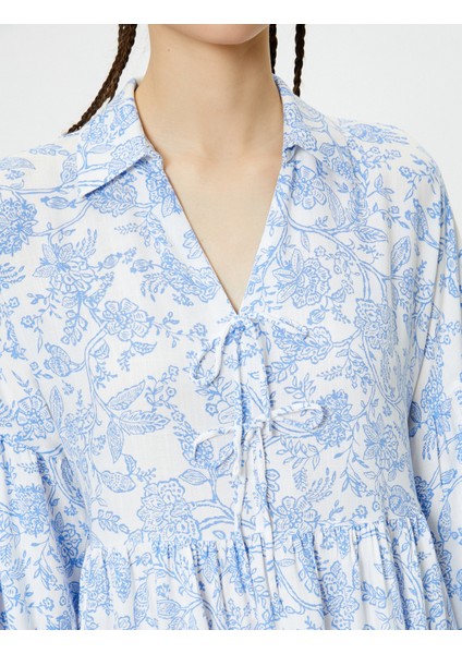 Oversize Çiçekli Elbise Uzun Kollu Gömlek V Yaka Bağlama Detaylı Katlı indirimleri
