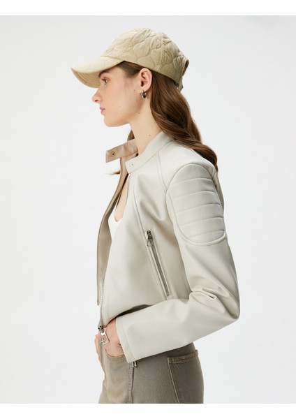 Suni Deri Biker Ceket Fermuarlı Cepli