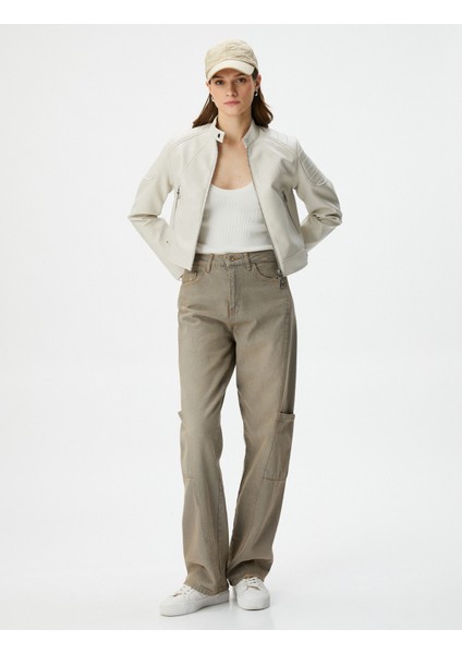 Suni Deri Biker Ceket Fermuarlı Cepli fiyatları