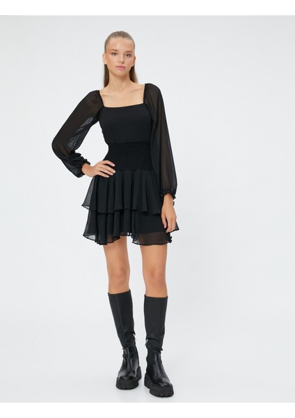 Tül Mini Elbise Uzun Kollu Beli Gipeli Kare Yaka Katlı