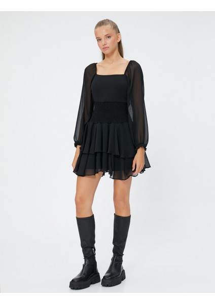 Tül Mini Elbise Uzun Kollu Beli Gipeli Kare Yaka Katlı fiyatları