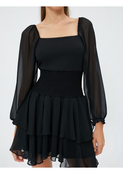 Tül Mini Elbise Uzun Kollu Beli Gipeli Kare Yaka Katlı indirimleri