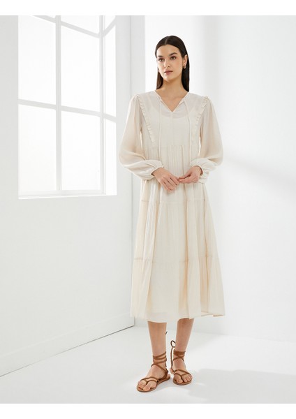 Midi Viskon Elbise Balon Kol Bağlamalı Yaka