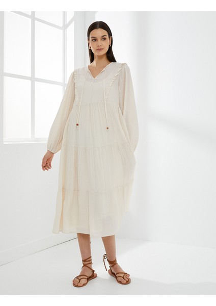 Midi Viskon Elbise Balon Kol Bağlamalı Yaka fiyatları