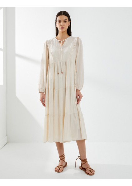 Midi Viskon Elbise Balon Kol Bağlamalı Yaka modelleri