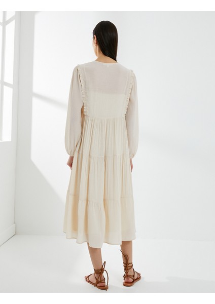 Midi Viskon Elbise Balon Kol Bağlamalı Yaka fırsatları