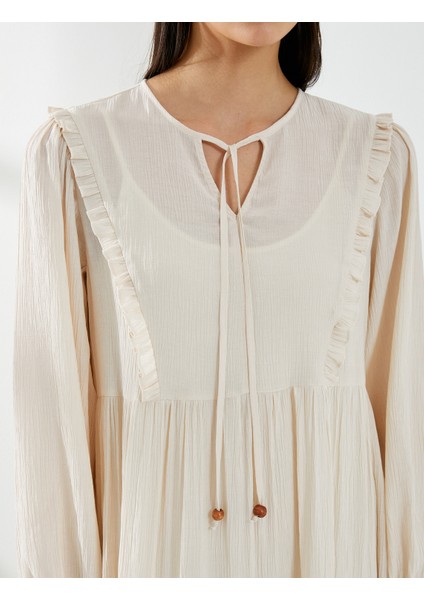 Midi Viskon Elbise Balon Kol Bağlamalı Yaka indirimleri