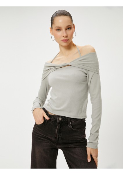 Omzu Açık Tişört Uzun Kollu Fiyonk Detaylı Askı Detaylı Viskoz Kumaş