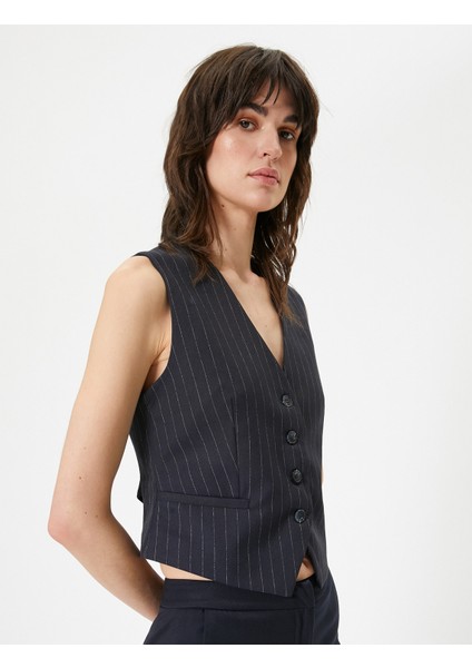 Blazer Yelek Düğmeli V Yaka