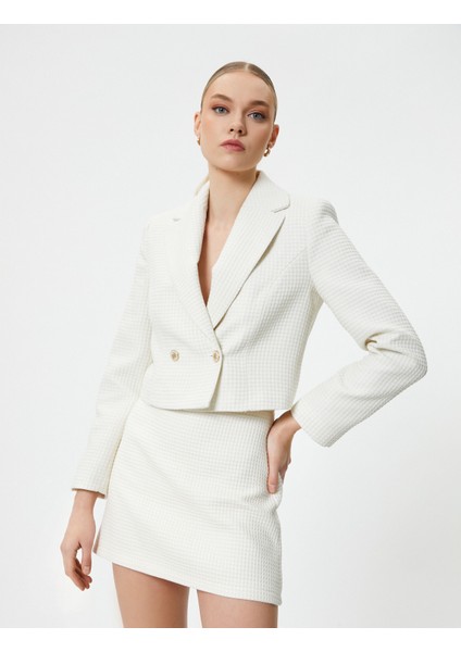 Crop Blazer Ceket Kruvaze Düğmeli Dokulu