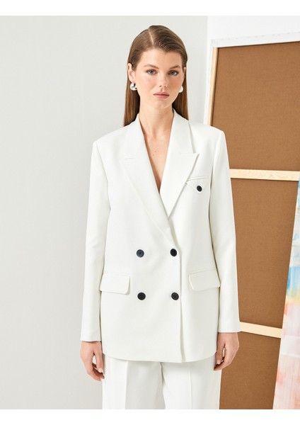 Oversize Blazer Ceket Kruvaze Ters Yaka Astarlı Kapaklı Çift Cep