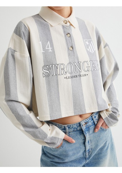 Polo Yaka Oversize Sweatshirt Baskılı Düğmeli Uzun Kollu indirimleri