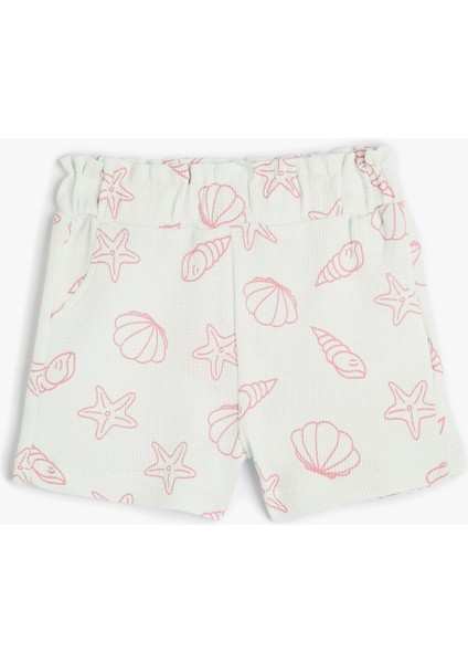 Şort Cepli Beli Lastikli Deniz Kabuğu Baskılı Pamuklu
