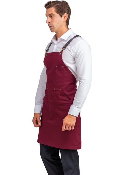 Barista Askılı Önlük Kanguru Cepli Deri Kemerli - Bordo