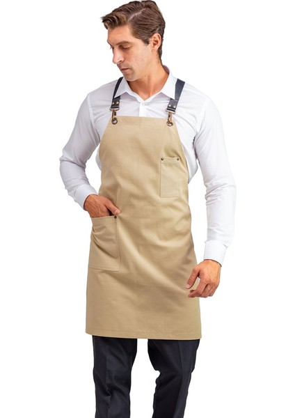 Barista Askılı Önlük Tek Cepli Deri Kemerli - Bej