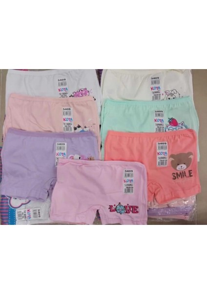 3409 Kız Çocuk Çok Renkli Baskılı Boxer 12 Adet