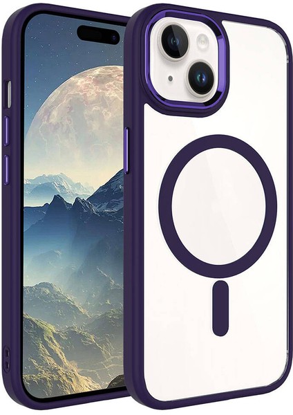 Apple iPhone 15 - Uyumlu Wireless Şarj Özellikli Krom Magsafe Silikon Kapak-Derin Mor