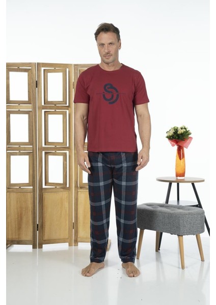 Erkek Kısa Kollu Kareli Yazlık Penye Pijama Takımı