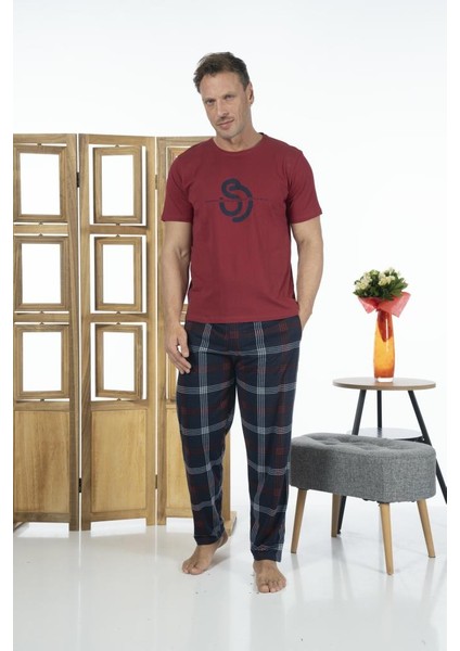 Erkek Kısa Kollu Kareli Yazlık Penye Pijama Takımı