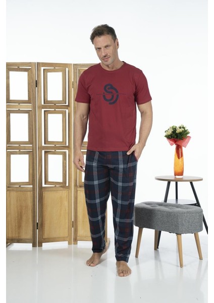 Erkek Kısa Kollu Kareli Yazlık Penye Pijama Takımı