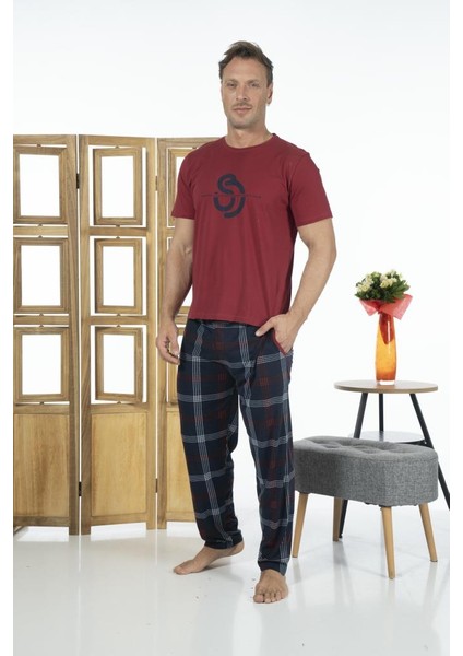 Erkek Kısa Kollu Kareli Yazlık Penye Pijama Takımı