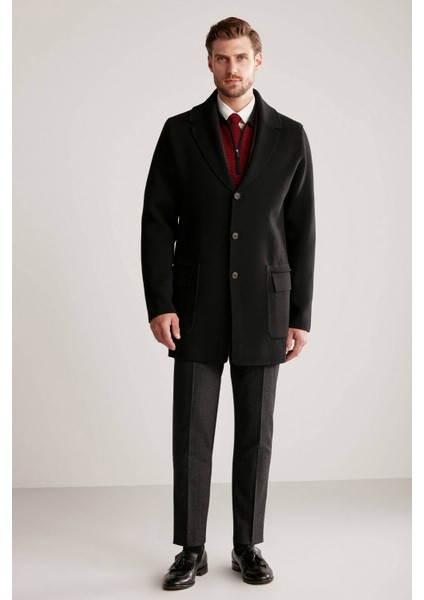 Siyah Merino Yün Triko Palto