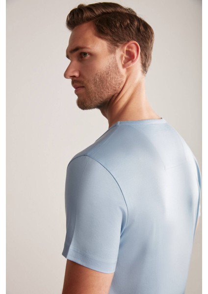 Bisiklet Yaka Açık Mavi Basic T-Shirt