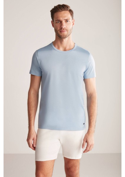 Bisiklet Yaka Açık Mavi Basic T-Shirt