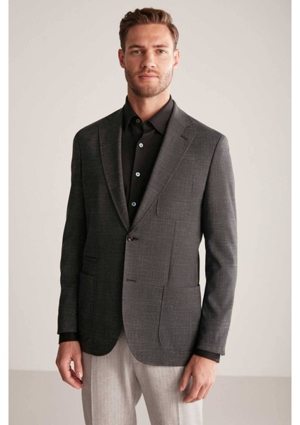 Keten-Yün Karışım Siyah Yazlık Blazer Ceket
