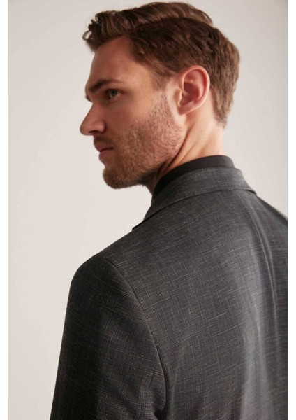 Keten-Yün Karışım Siyah Yazlık Blazer Ceket