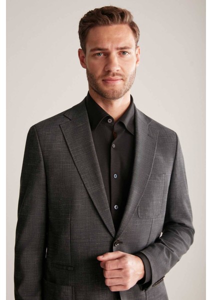 Keten-Yün Karışım Siyah Yazlık Blazer Ceket