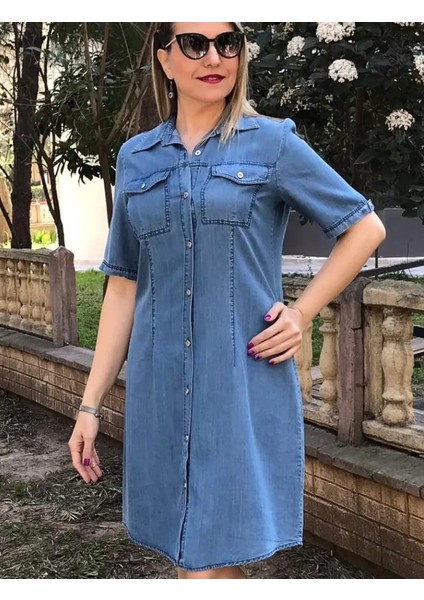 Büyük Beden Ince Kot Denim Kumaş Boydan Düğmeli Iki Cepli Kısa Kol Jeans Elbise