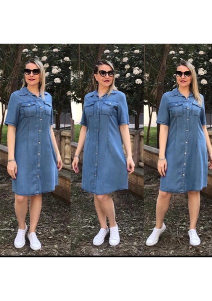 Büyük Beden Ince Kot Denim Kumaş Boydan Düğmeli Iki Cepli Kısa Kol Jeans Elbise fiyatları