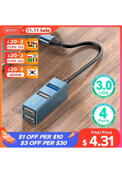 Qoovı USB C Hub 4 Port USB Tip C - USB 3.0 Hub Splitter Macbook Pro iPad Yüzey Samsung S21 Xiaomi Için Usb-C Adaptör Dock (Yurt Dışından)