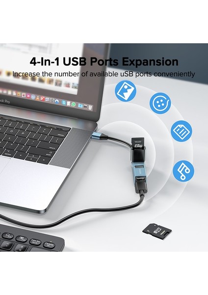 Qoovı USB C Hub 4 Port USB Tip C - USB 3.0 Hub Splitter Macbook Pro iPad Yüzey Samsung S21 Xiaomi Için Usb-C Adaptör Dock (Yurt Dışından)