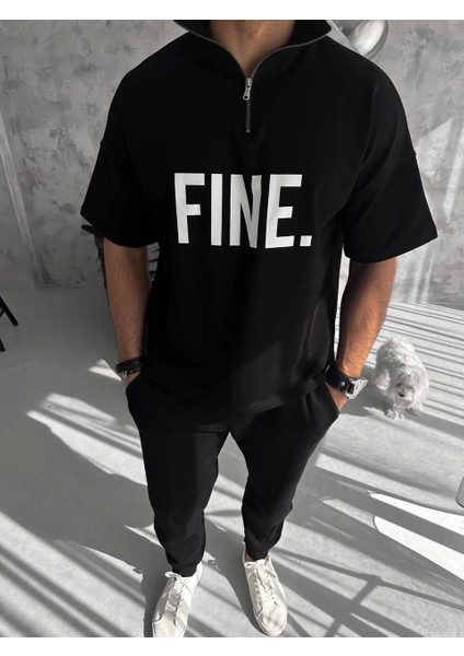 Unisex Baskılı Yarım Fermuarlı T-Shirt - Siyah fiyatları