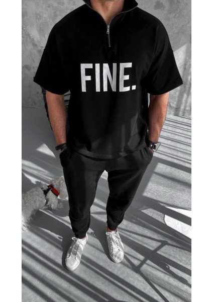 Unisex Baskılı Yarım Fermuarlı T-Shirt - Siyah modelleri