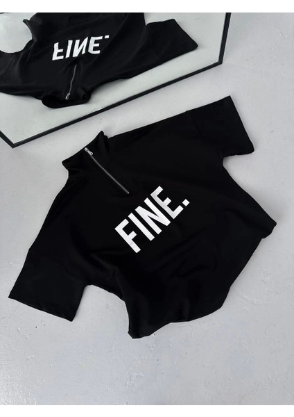 Unisex Baskılı Yarım Fermuarlı T-Shirt - Siyah fırsatları