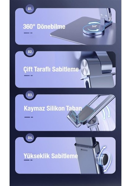 Ultra Sağlam Alüminyum Kaydırmaz Tabanlı Masa Üstü Tablet Standı, Yükseklik ve Açı Ayarlı