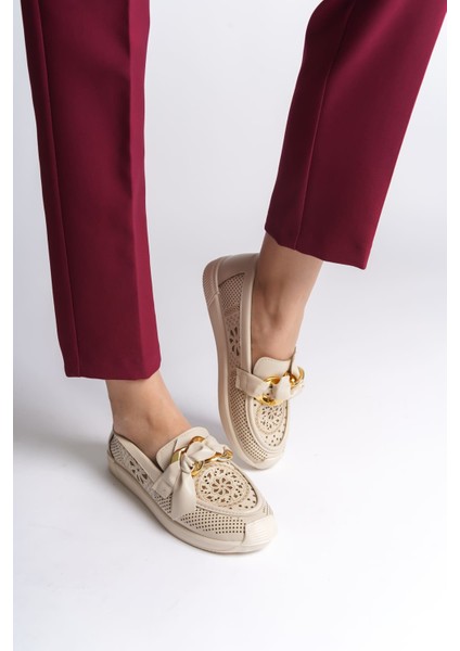 Lydıa Bağcıksız Rahat Taban Çiçek Desenli Babet Ayakkabı Kt Krem