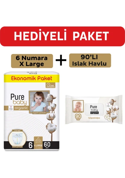 Pure Baby Organik Pamuklu Cırtlı Bez 6 Numara Xlarge 60 Adet + Organik Pamuklu Islak Havlu 90 Yaprak