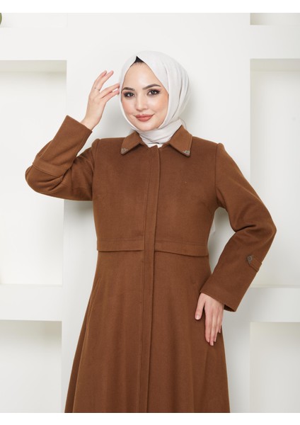 Kışlık Tüylü Kaşe Kadın Kahve Pardesü Mevlana Kesim 20244 modelleri