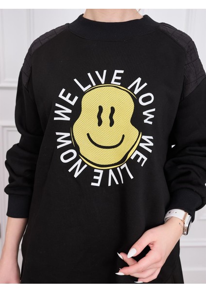 Smile Baskılı Siyah Sweatshirt