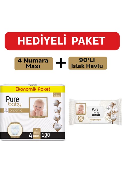 Pure Baby Organik Pamuklu Cırtlı Bez 4 Numara Maxi 100 Adet + Organik Pamuklu Islak Havlu 90 Yaprak