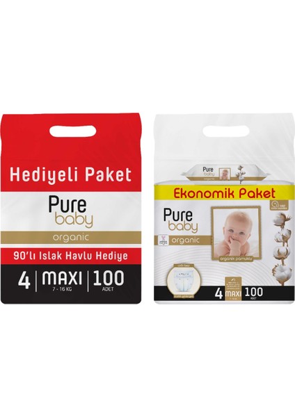 Pure Baby Organik Pamuklu Cırtlı Bez 4 Numara Maxi 100 Adet + Organik Pamuklu Islak Havlu 90 Yaprak