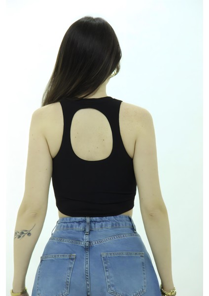 Halter Yaka Içi Astarlı Pencere Detay Crop Siyah